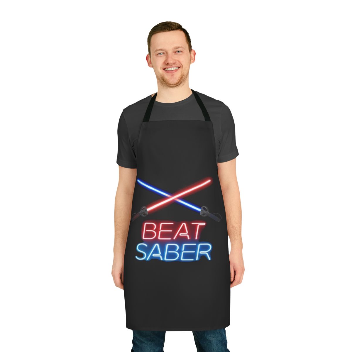 A blue apron featuring the iconic Beat Saber game design, perfect for virtual reality enthusiasts.