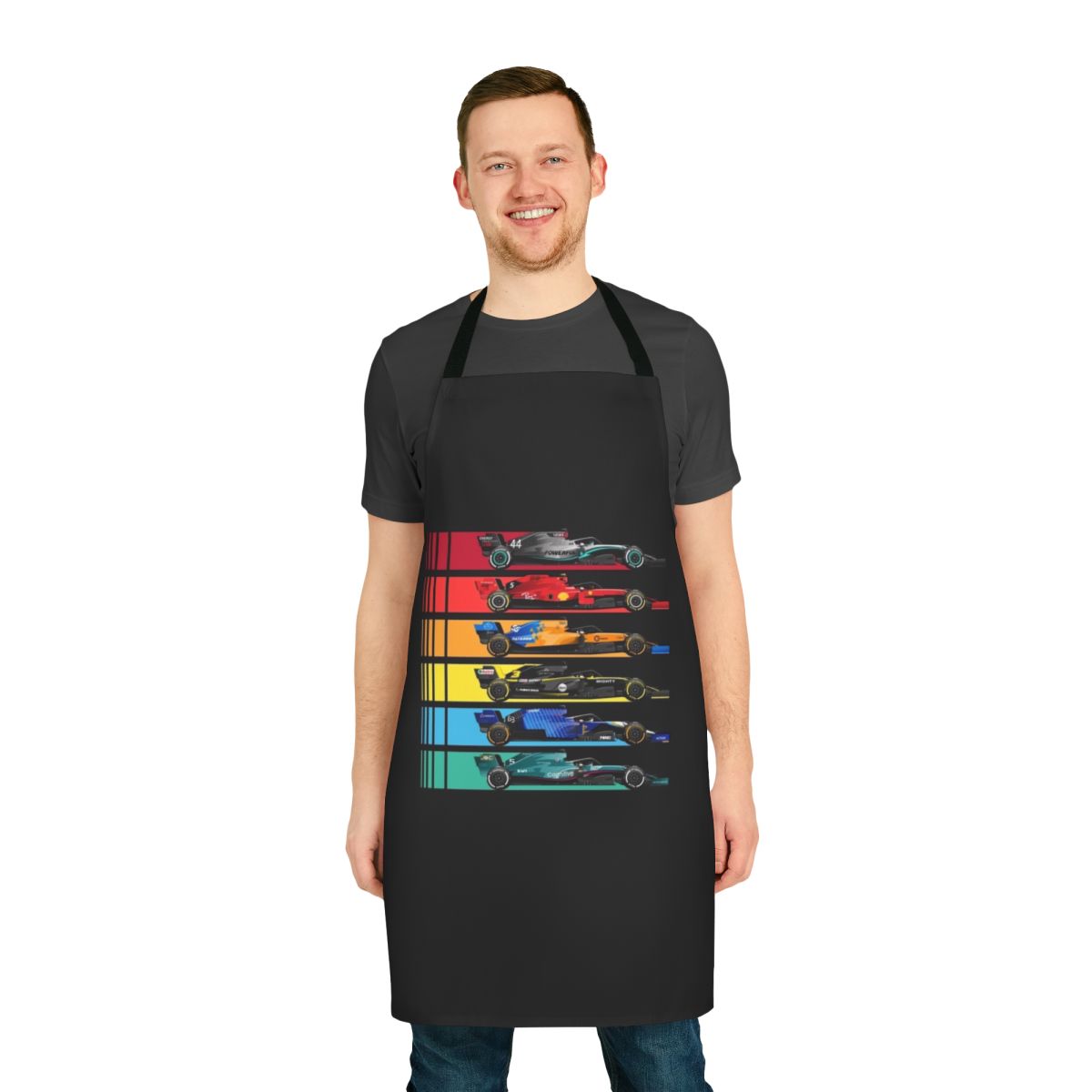 Formula racing inspired apron with checkered flag design