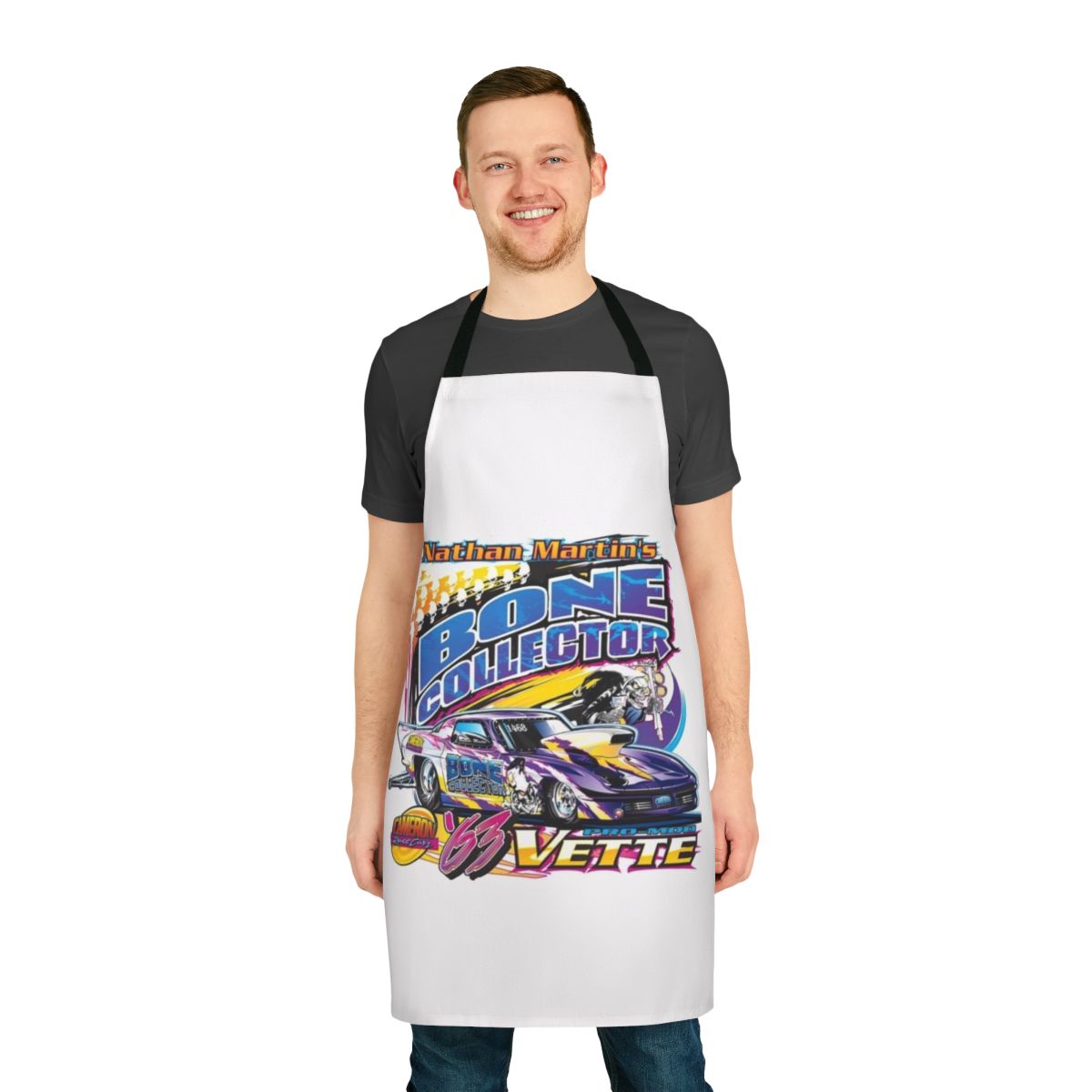 A durable, stylish apron featuring a custom design for Nathan Martin fans and motorsports enthusiasts.