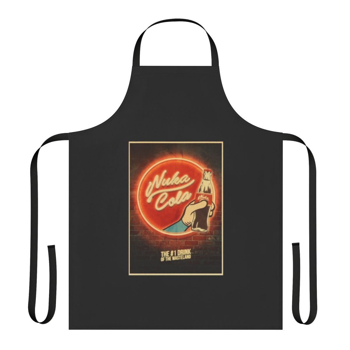 High quality apron featuring the iconic Nuka Cola logo and advertisement design from the Fallout video game series.