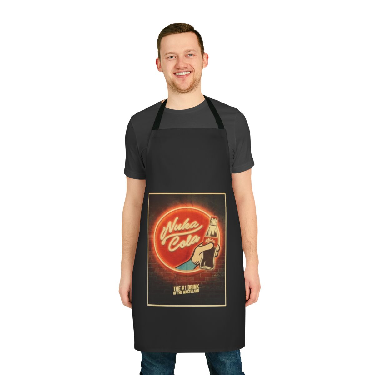 High quality apron featuring the iconic Nuka Cola logo and advertisement design from the Fallout video game series.