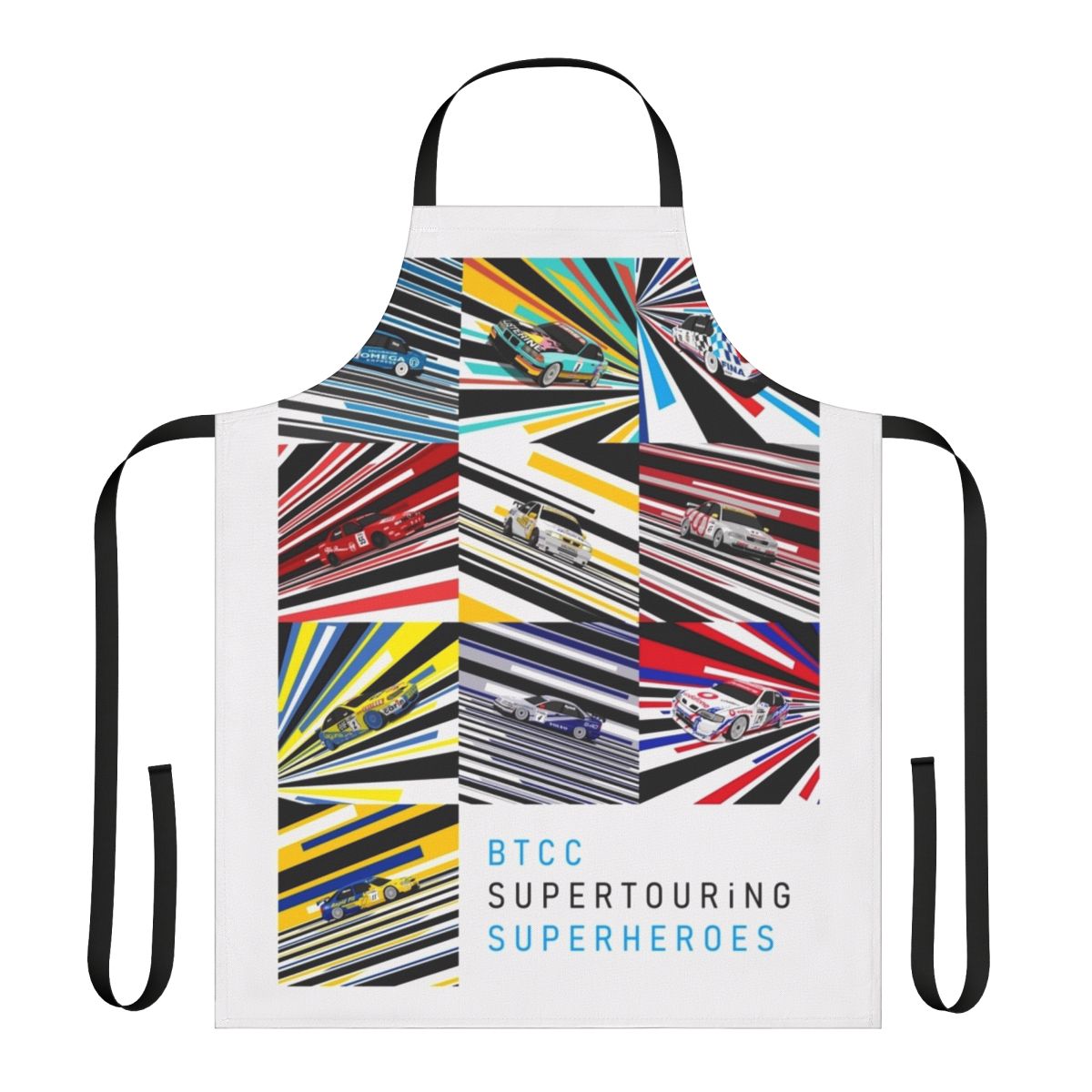 Supertouring Superheroes Apron featuring a motorsports-inspired design