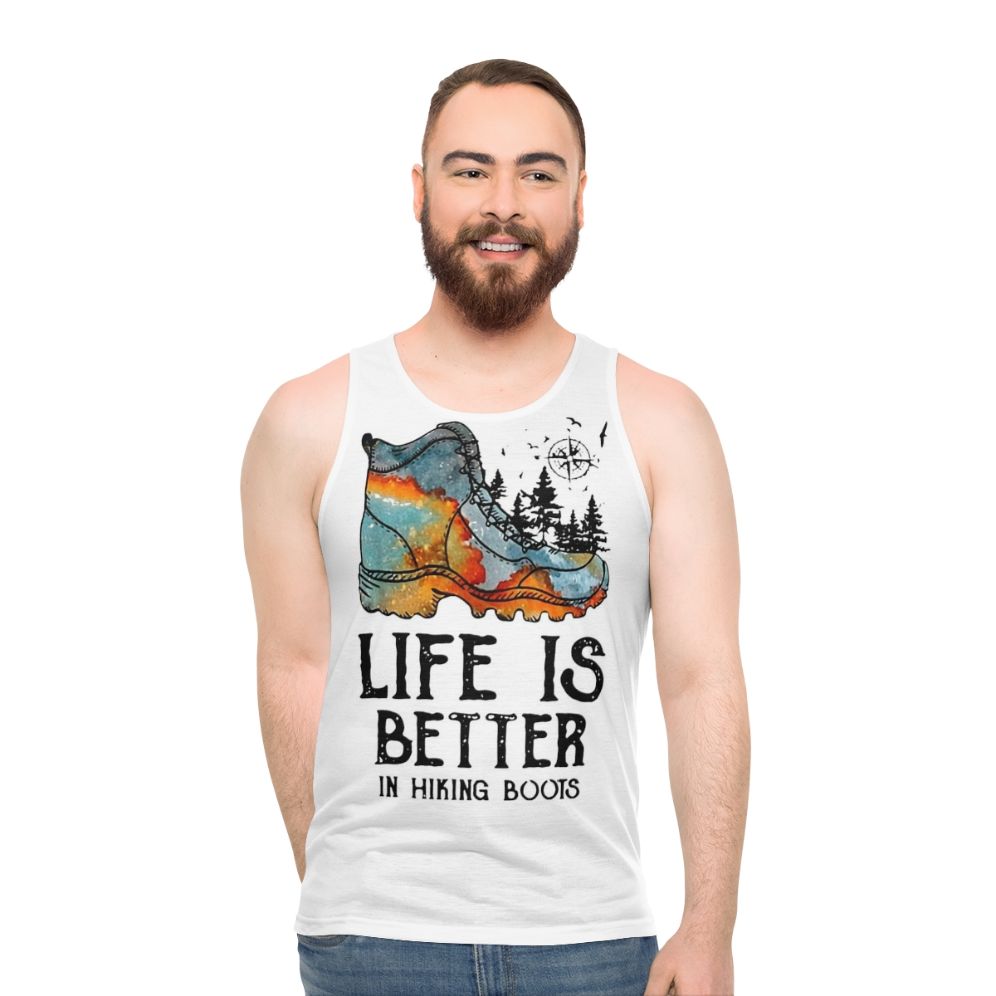 Unisex tank top with "Hiker Hobbies: Life is Better in Hiking Boots" design