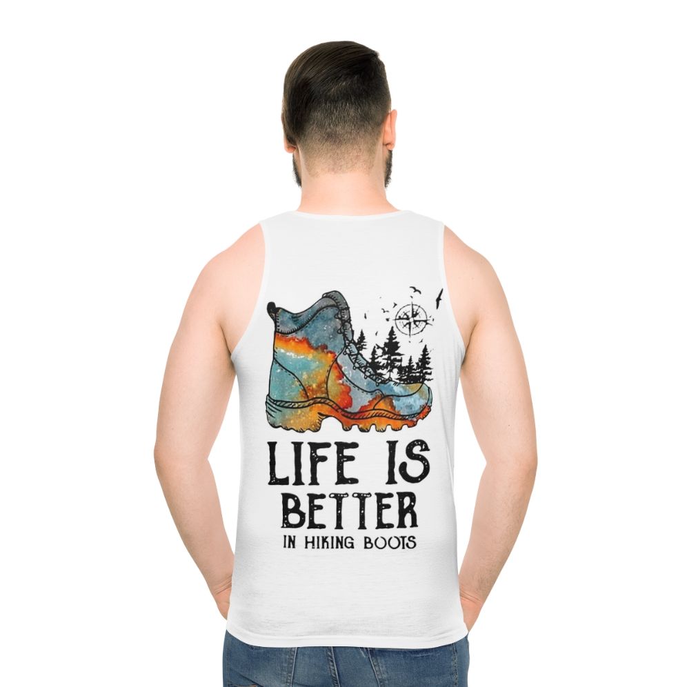 Unisex tank top with "Hiker Hobbies: Life is Better in Hiking Boots" design