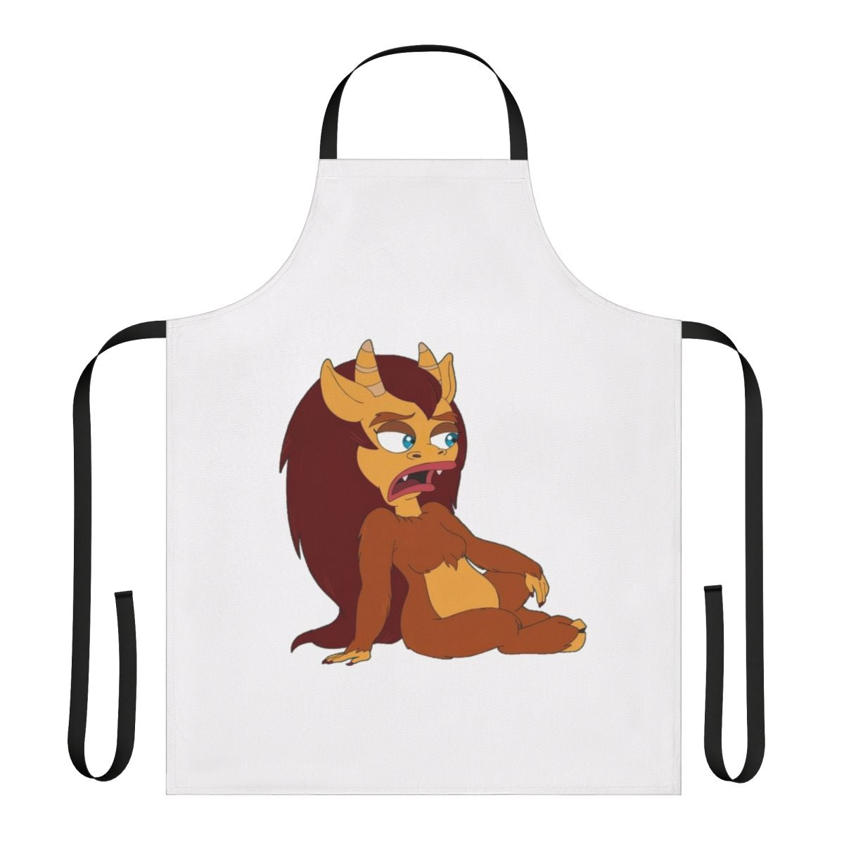 Vibrant, humorous apron featuring Connie the Hormone Monster from the Netflix series Big Mouth