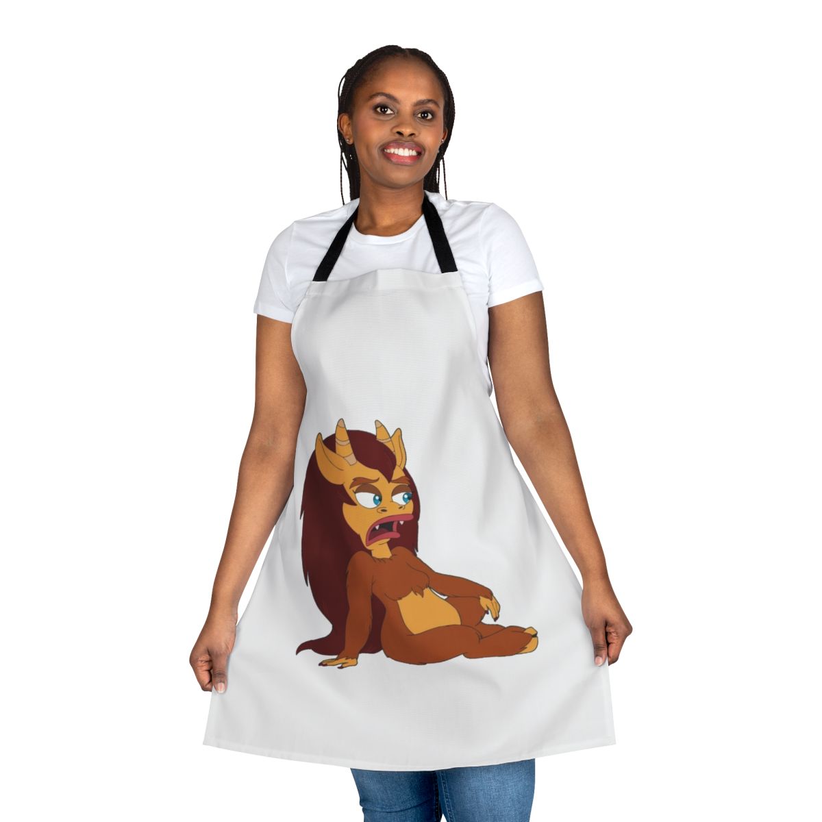 Vibrant, humorous apron featuring Connie the Hormone Monster from the Netflix series Big Mouth