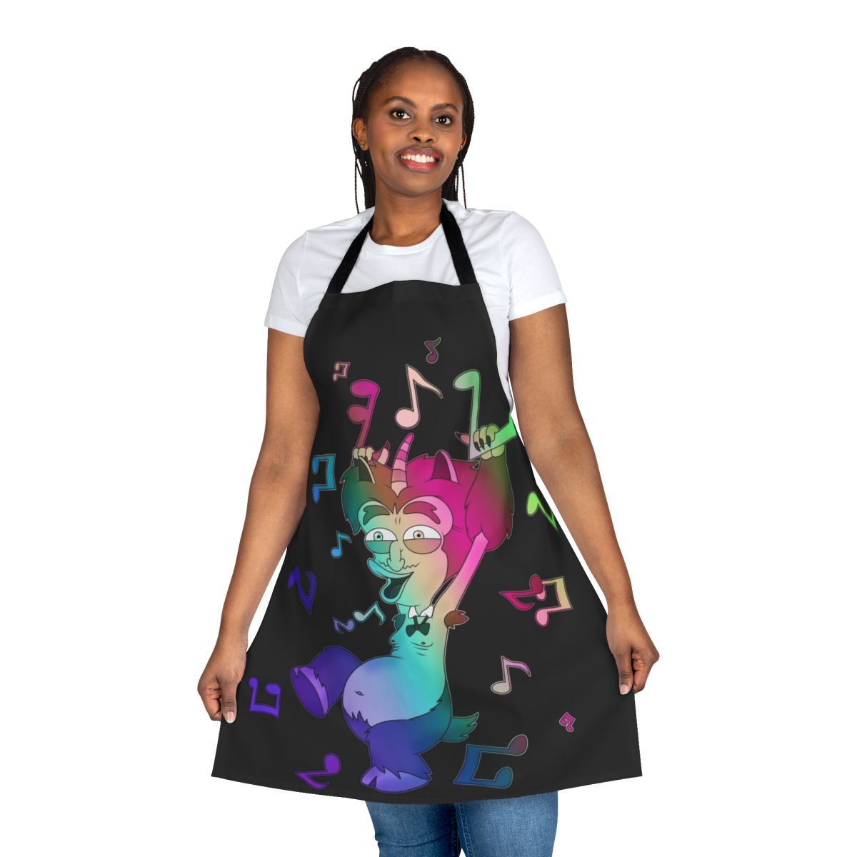 Big Mouth-inspired apron with musical notes and the Hormone Monster