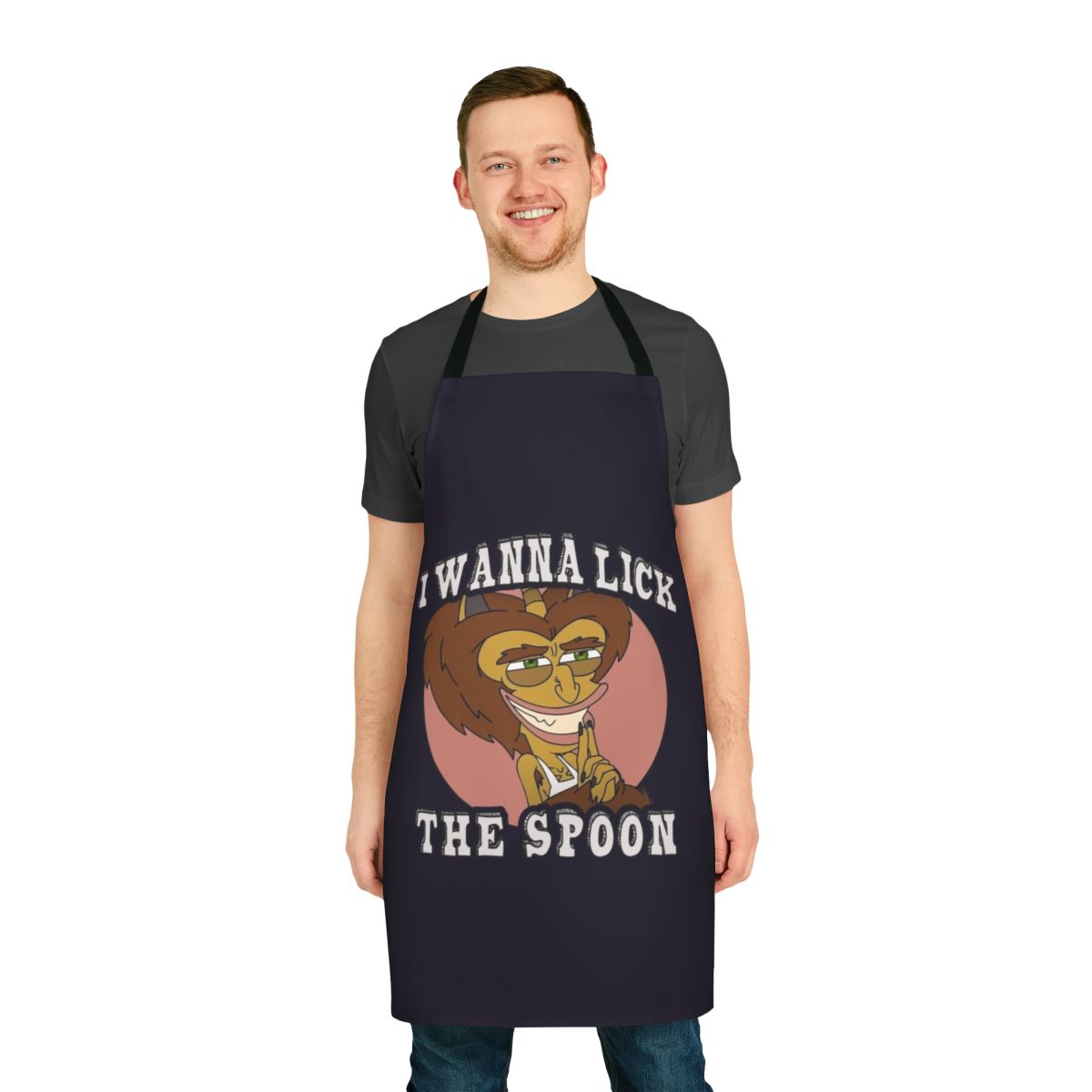 Big Mouth themed apron with "I Wanna Lick the Spoon" text