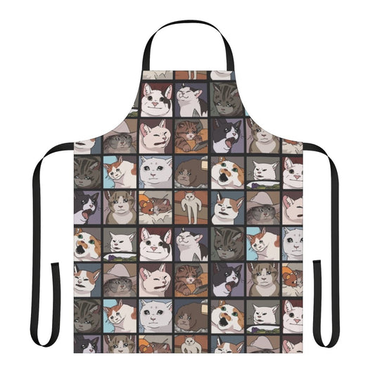 Stylish apron featuring humorous crying cat meme graphics