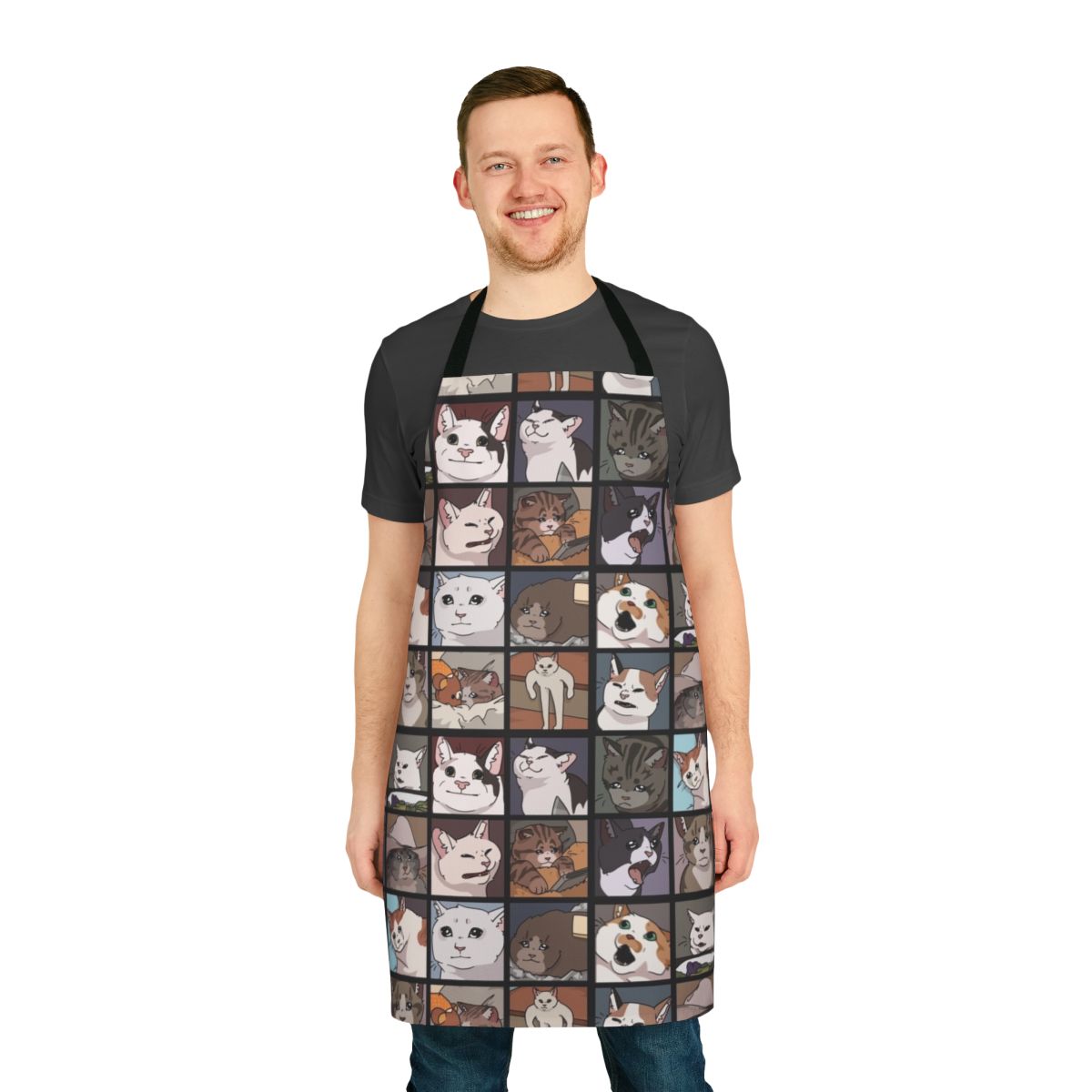 Stylish apron featuring humorous crying cat meme graphics