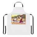 Illustration of a stork chasing a woman wearing a funny, feminist-themed apron