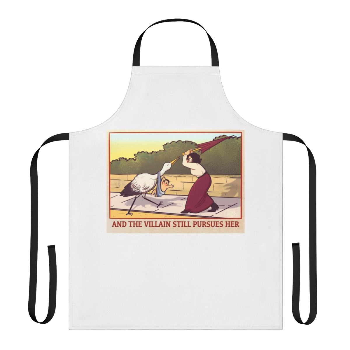 Illustration of a stork chasing a woman wearing a funny, feminist-themed apron