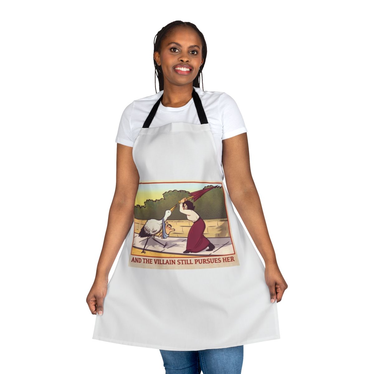 Illustration of a stork chasing a woman wearing a funny, feminist-themed apron