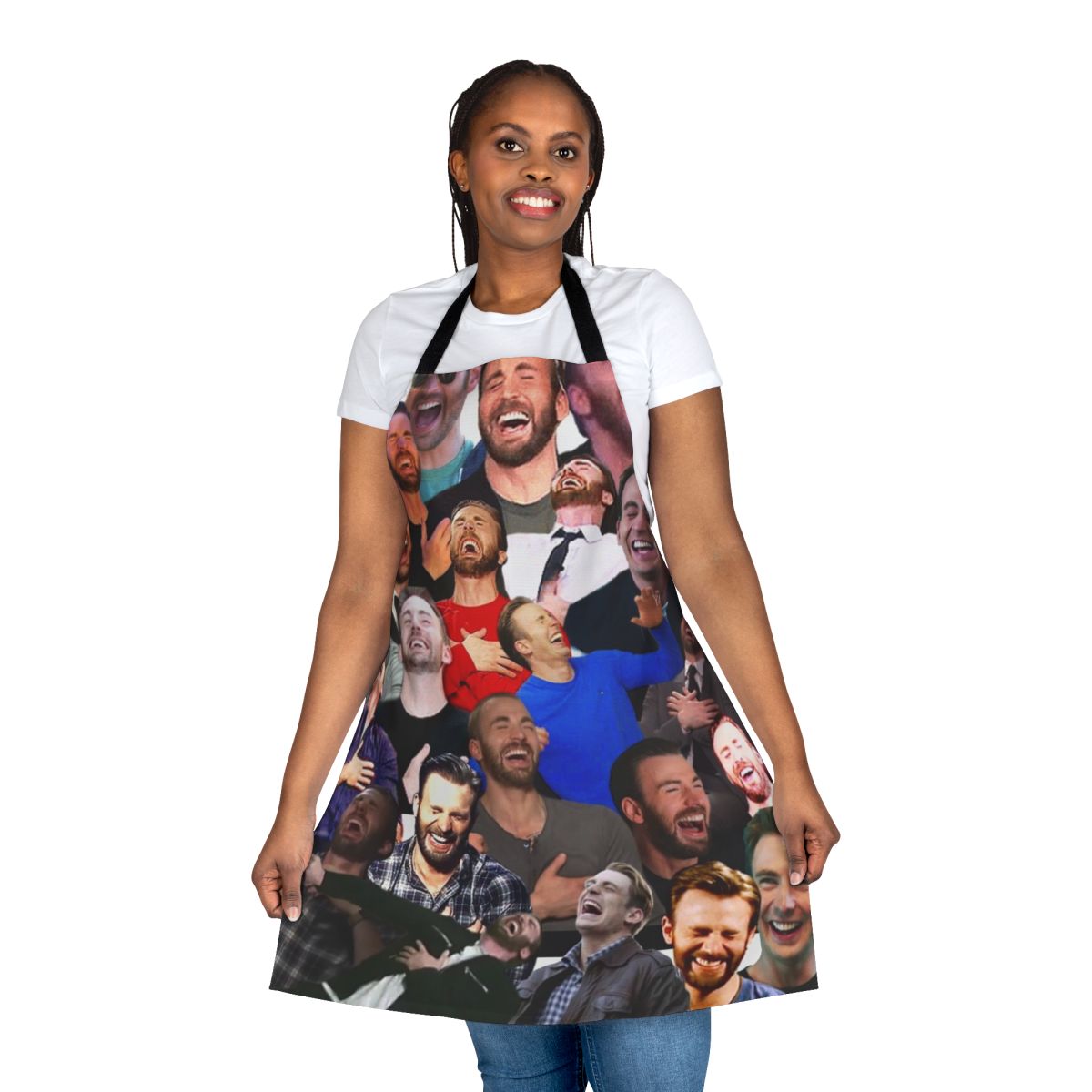 Apron featuring a collage design of actor Chris Evans laughing
