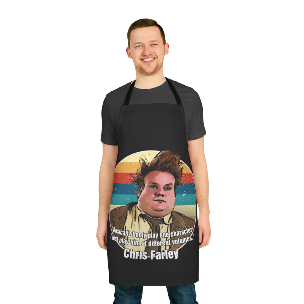Man wearing a chris farley inspired funny apron with the text "I Only Play One Character"