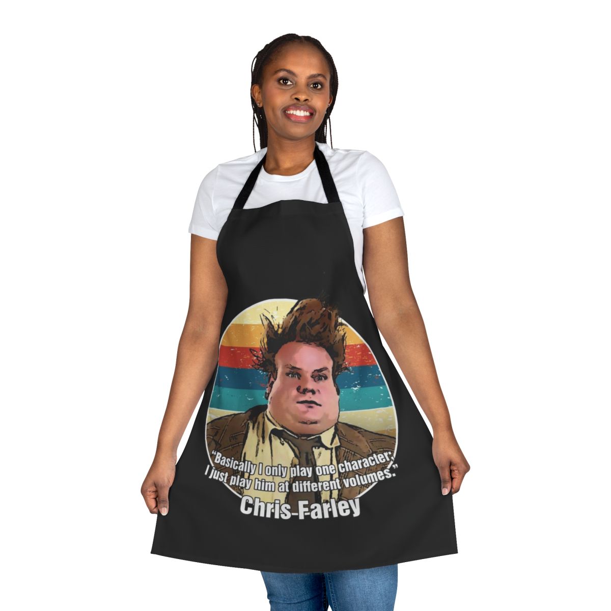 Man wearing a chris farley inspired funny apron with the text "I Only Play One Character"