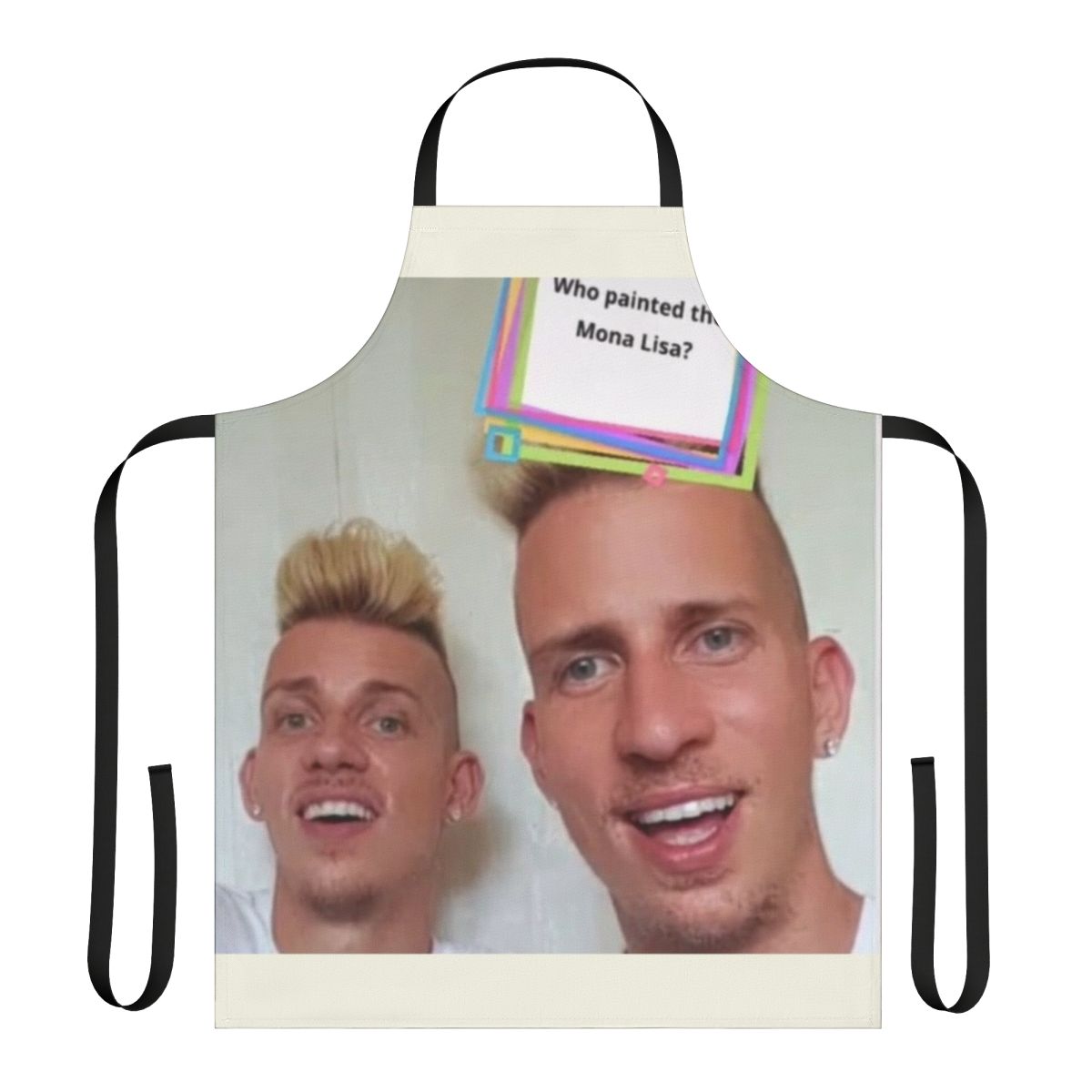 A comedy apron featuring the "Da Vinci Twins" meme design