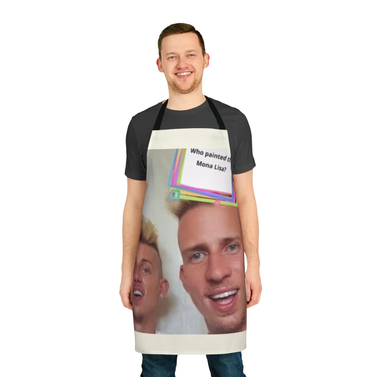 A comedy apron featuring the "Da Vinci Twins" meme design