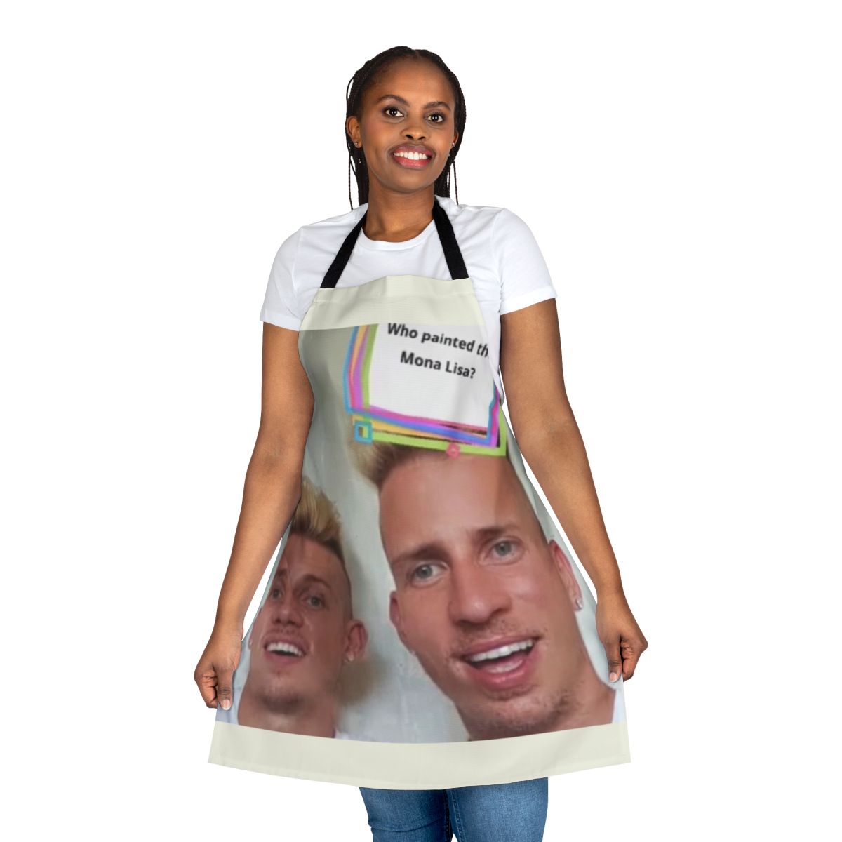 A comedy apron featuring the "Da Vinci Twins" meme design