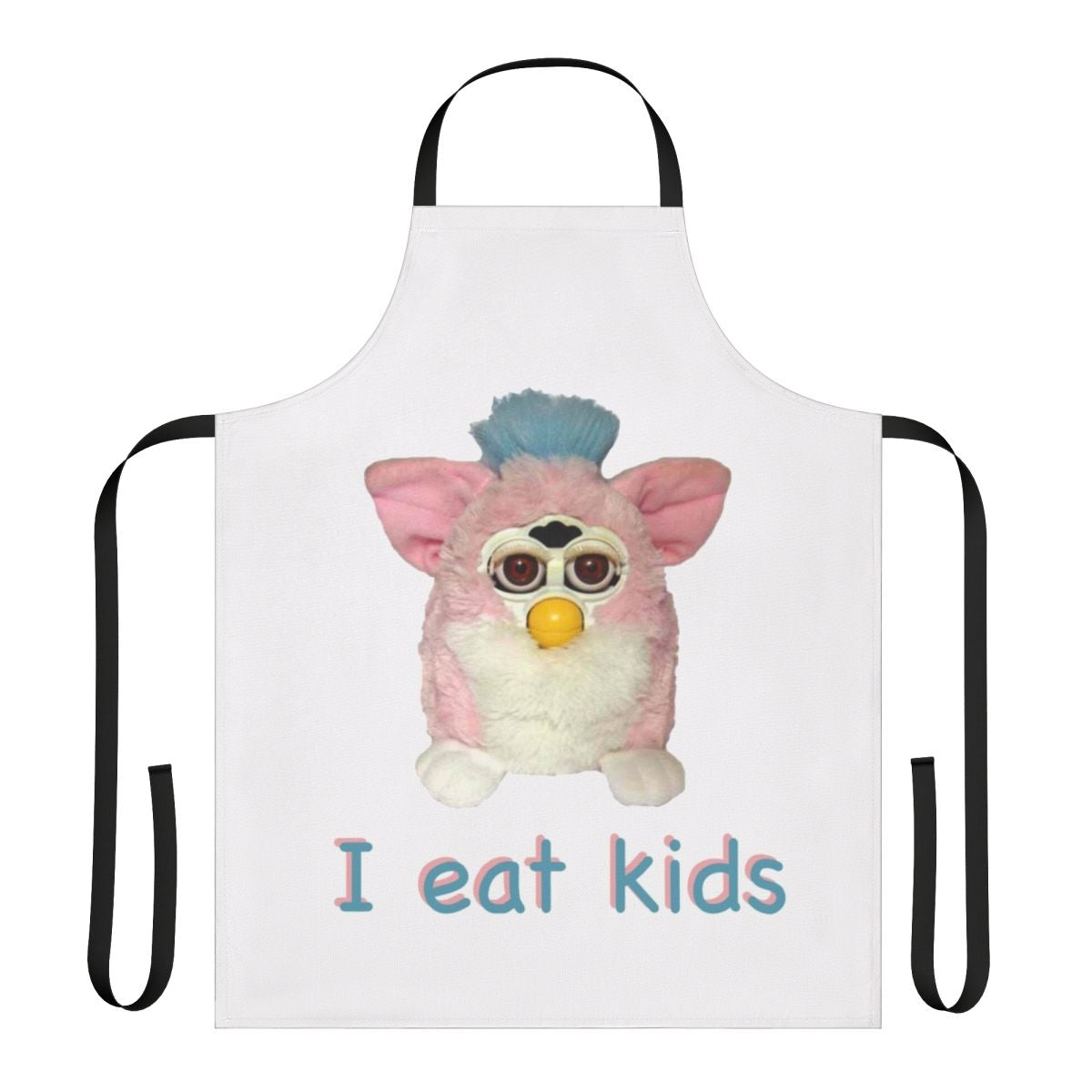 Whimsical apron with a cursed Furby character and the text "I Eat Kids"