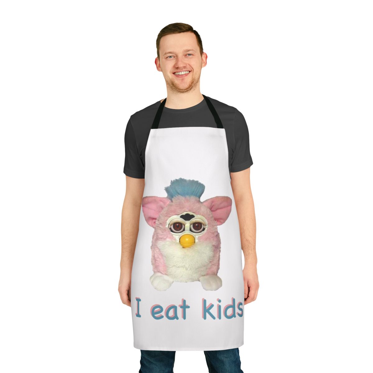 Whimsical apron with a cursed Furby character and the text "I Eat Kids"