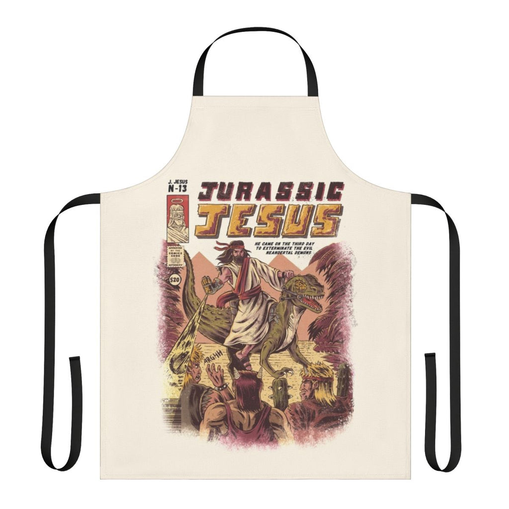 Humorous apron featuring a dinosaur with "Jesus" text