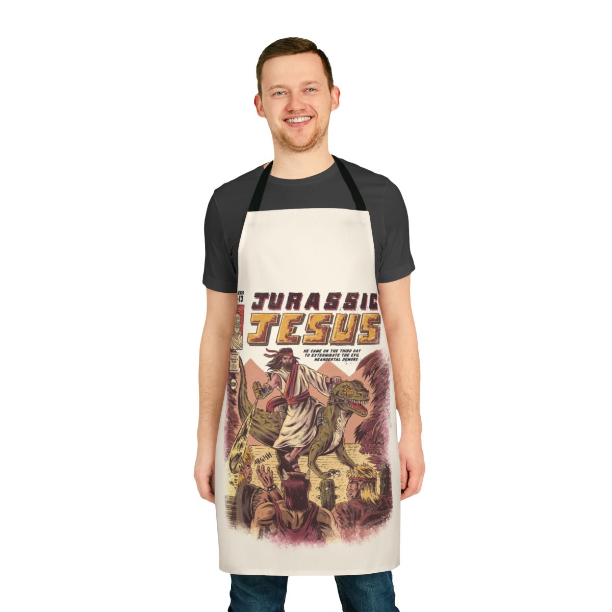 Humorous apron featuring a dinosaur with "Jesus" text
