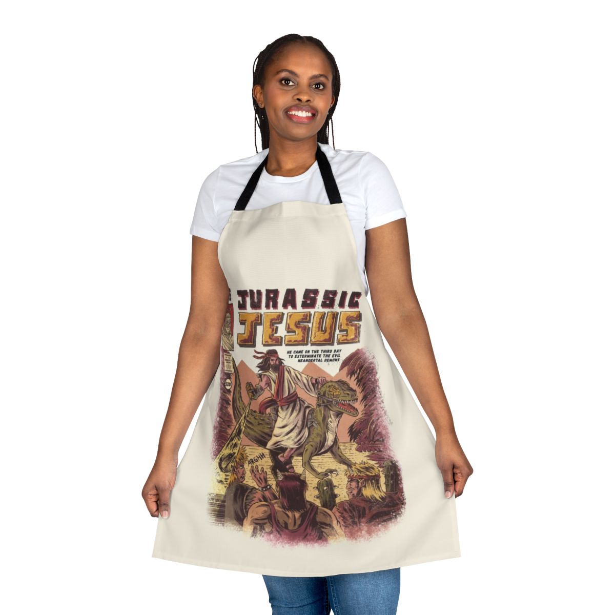 Humorous apron featuring a dinosaur with "Jesus" text