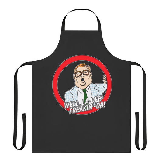 Humorous blue and tweed apron inspired by the iconic motivational speaker character from Saturday Night Live