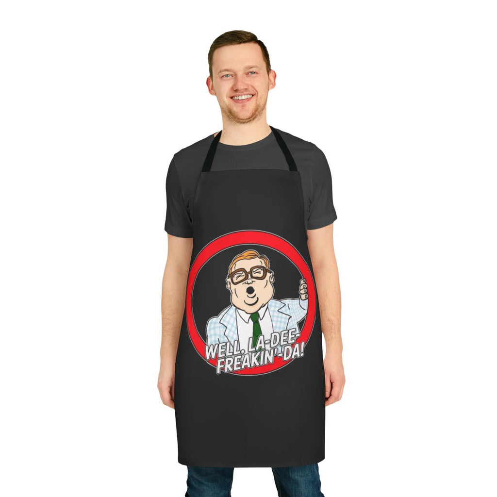 Humorous blue and tweed apron inspired by the iconic motivational speaker character from Saturday Night Live