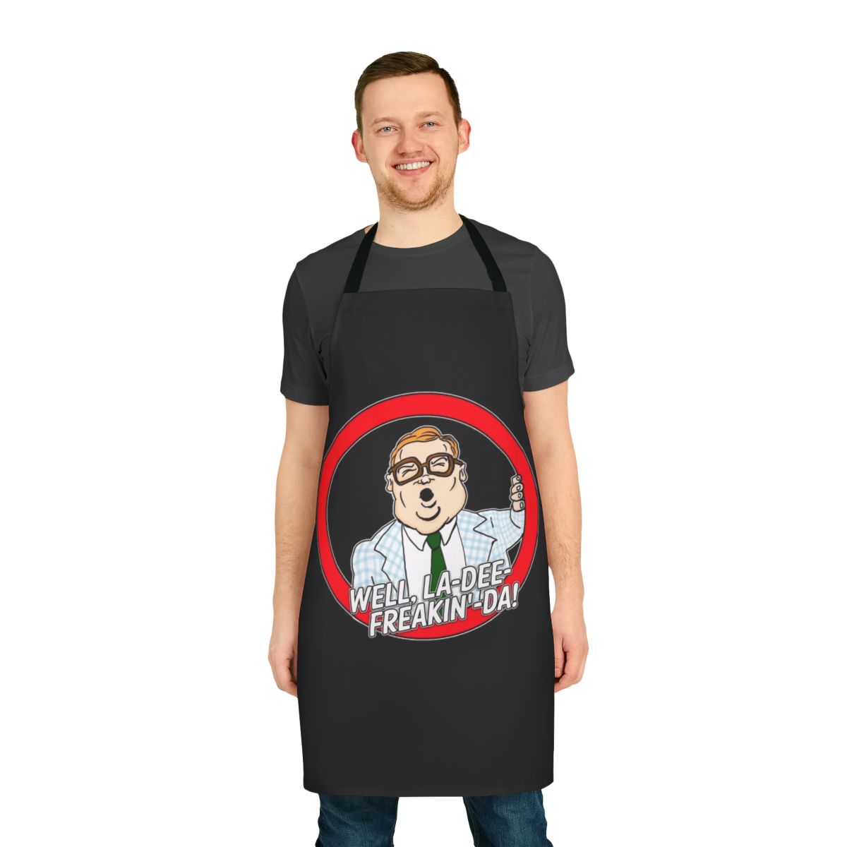 Humorous blue and tweed apron inspired by the iconic motivational speaker character from Saturday Night Live