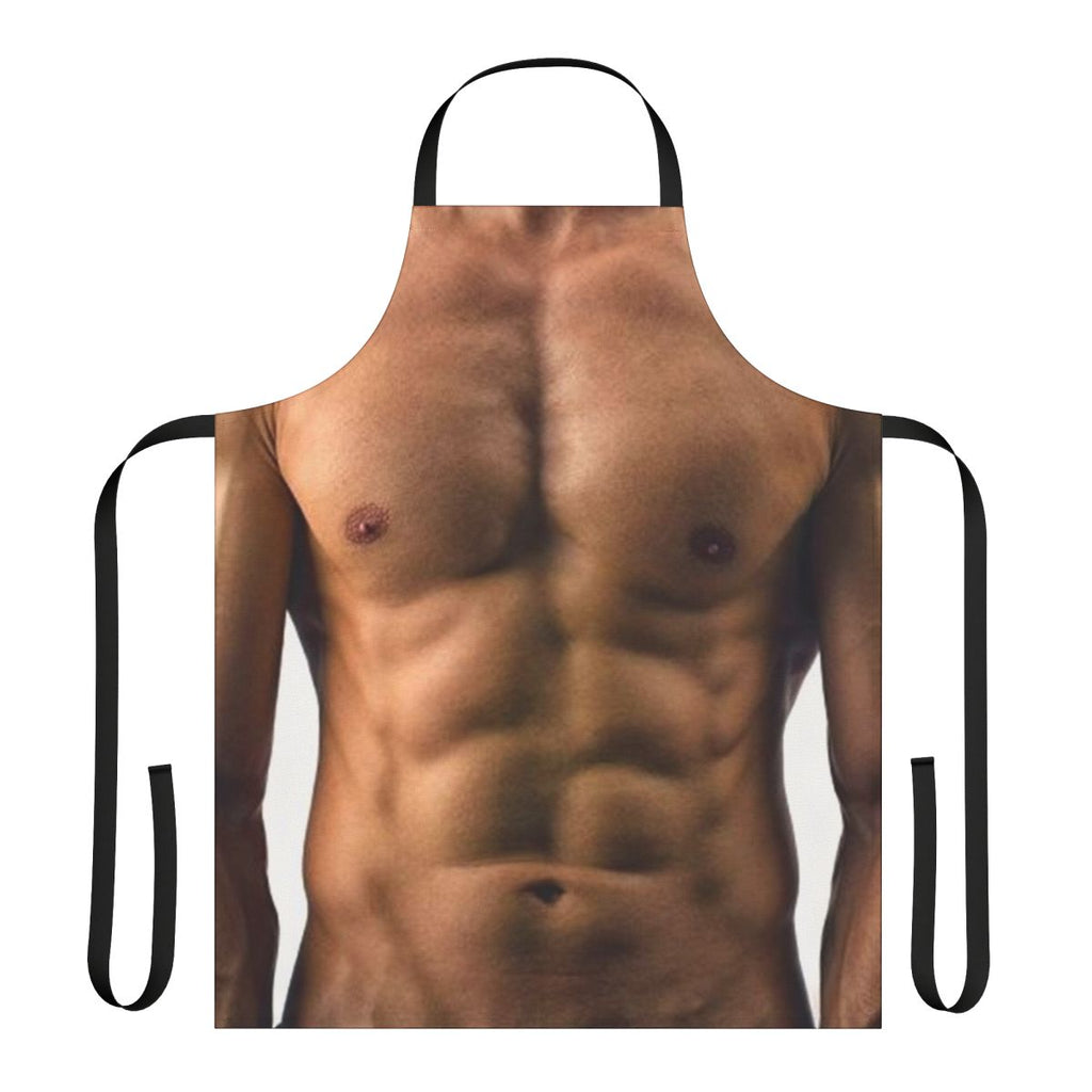 Muscle man with 6 pack abs printed on a black apron