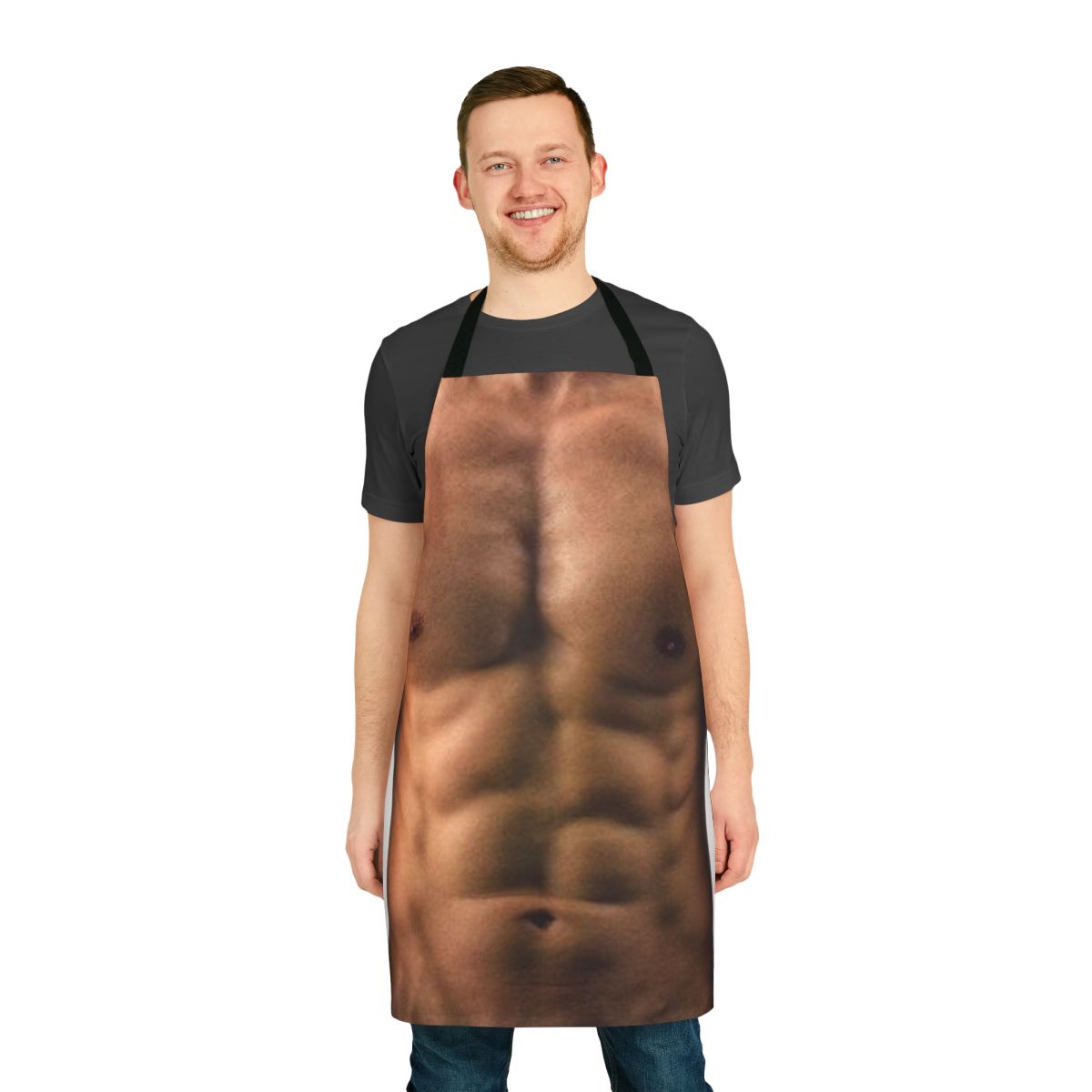 Muscle man with 6 pack abs printed on a black apron