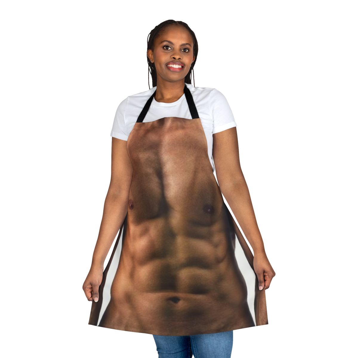 Muscle man with 6 pack abs printed on a black apron