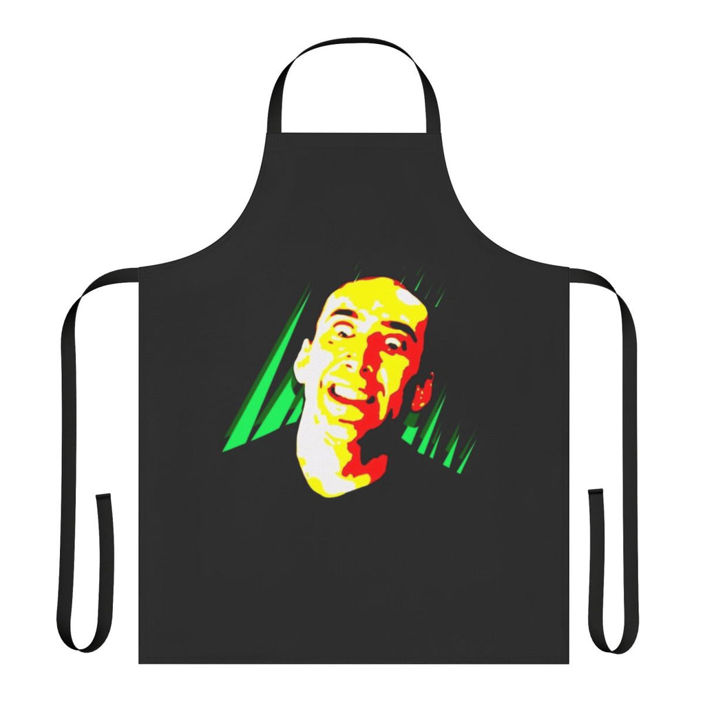 A humorous apron featuring a creepy smile of the famous actor Nicolas Cage.