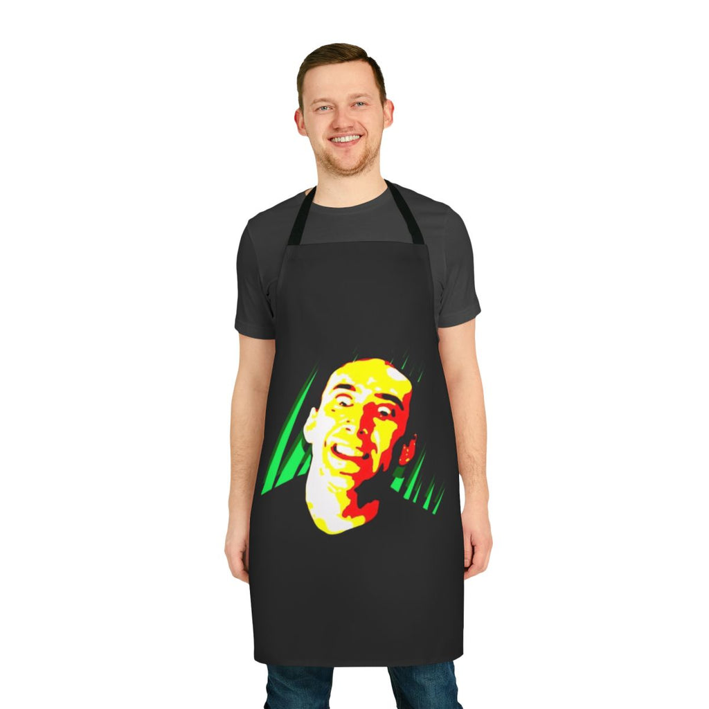 A humorous apron featuring a creepy smile of the famous actor Nicolas Cage.