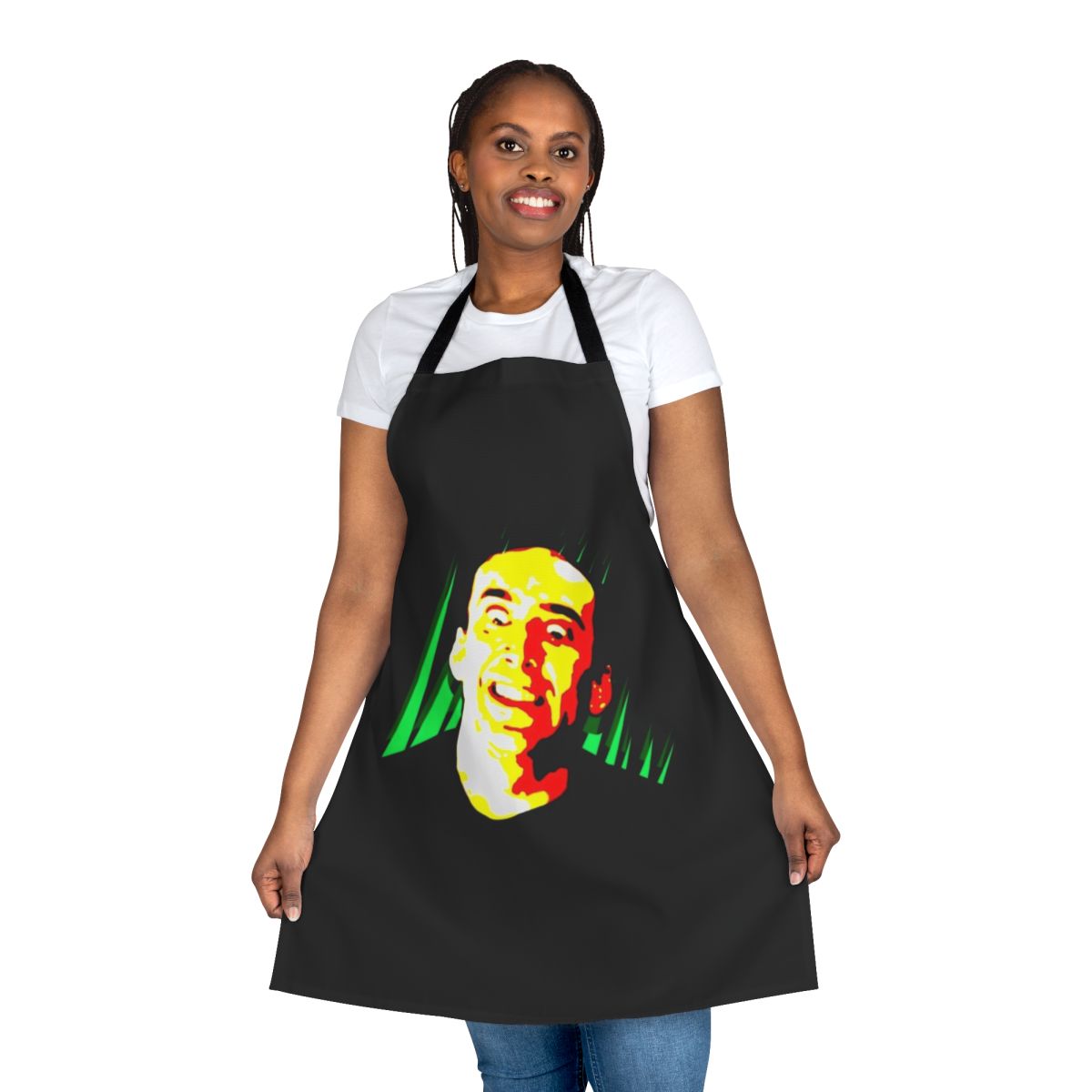 A humorous apron featuring a creepy smile of the famous actor Nicolas Cage.