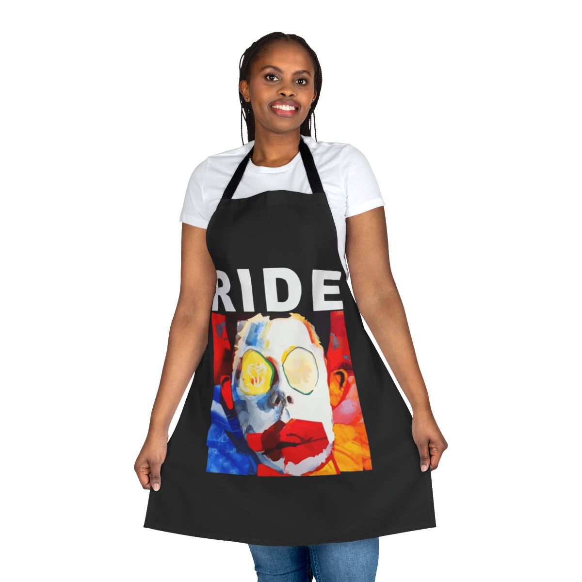 Vibrant, colorful apron featuring a quirky, unsettling "ugly ride" face design