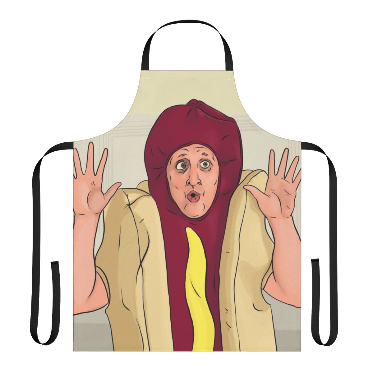 A stylish and humorous apron featuring random designs, perfect for comedy fans.