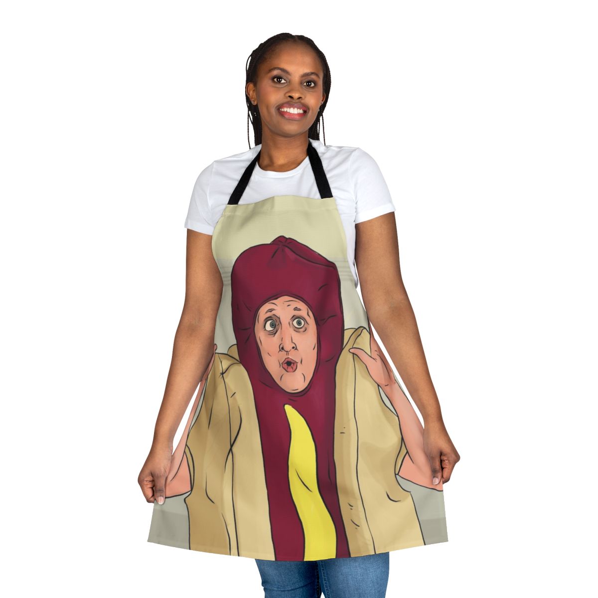 A stylish and humorous apron featuring random designs, perfect for comedy fans.