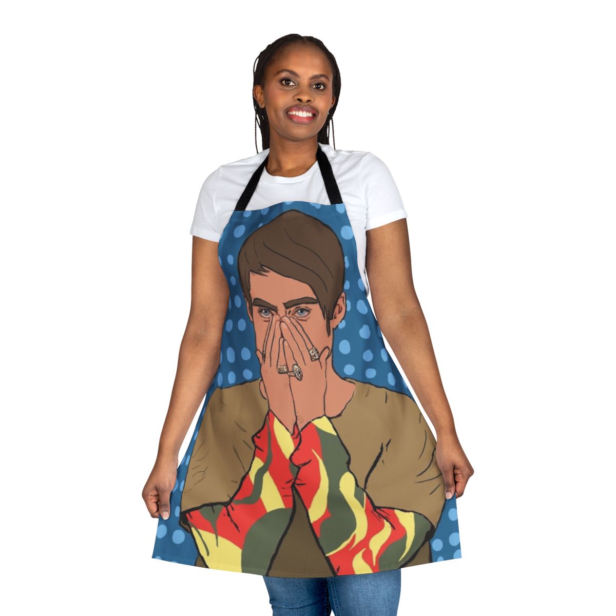Colorful pop art design featuring SNL character Stefon, printed on a high-quality kitchen apron