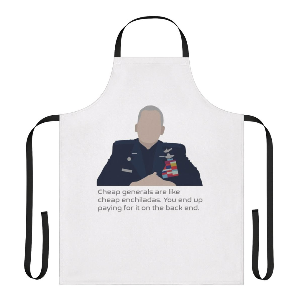 Funny space-themed apron with text "Cheap Generals Are Like Cheap Enchiladas"