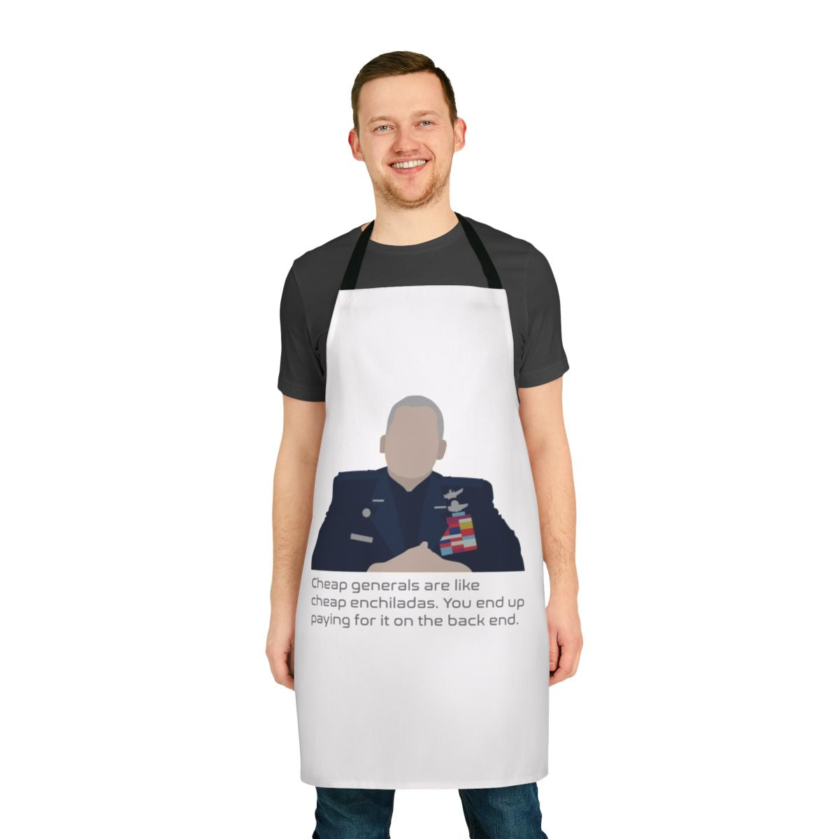 Funny space-themed apron with text "Cheap Generals Are Like Cheap Enchiladas"