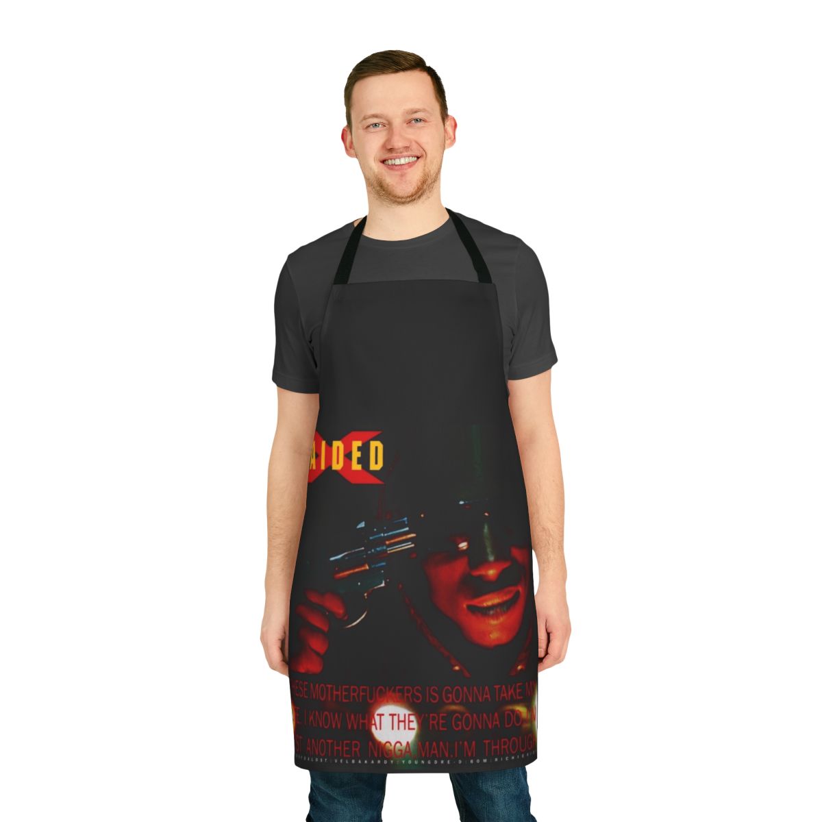 Hip hop inspired apron with X Raided design