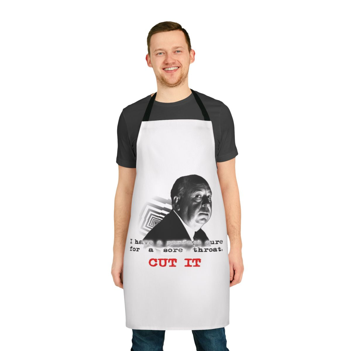 Apron with Alfred Hitchcock-inspired design for movie and thriller fans