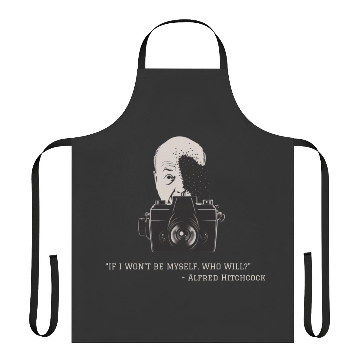 Hitchcock inspired movie quotes printed on a durable, high-quality kitchen apron.