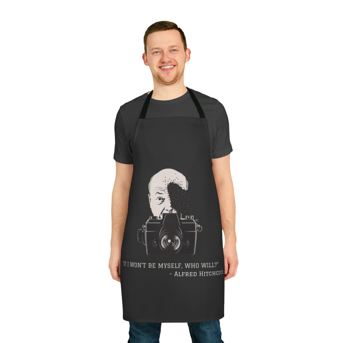 Hitchcock inspired movie quotes printed on a durable, high-quality kitchen apron.