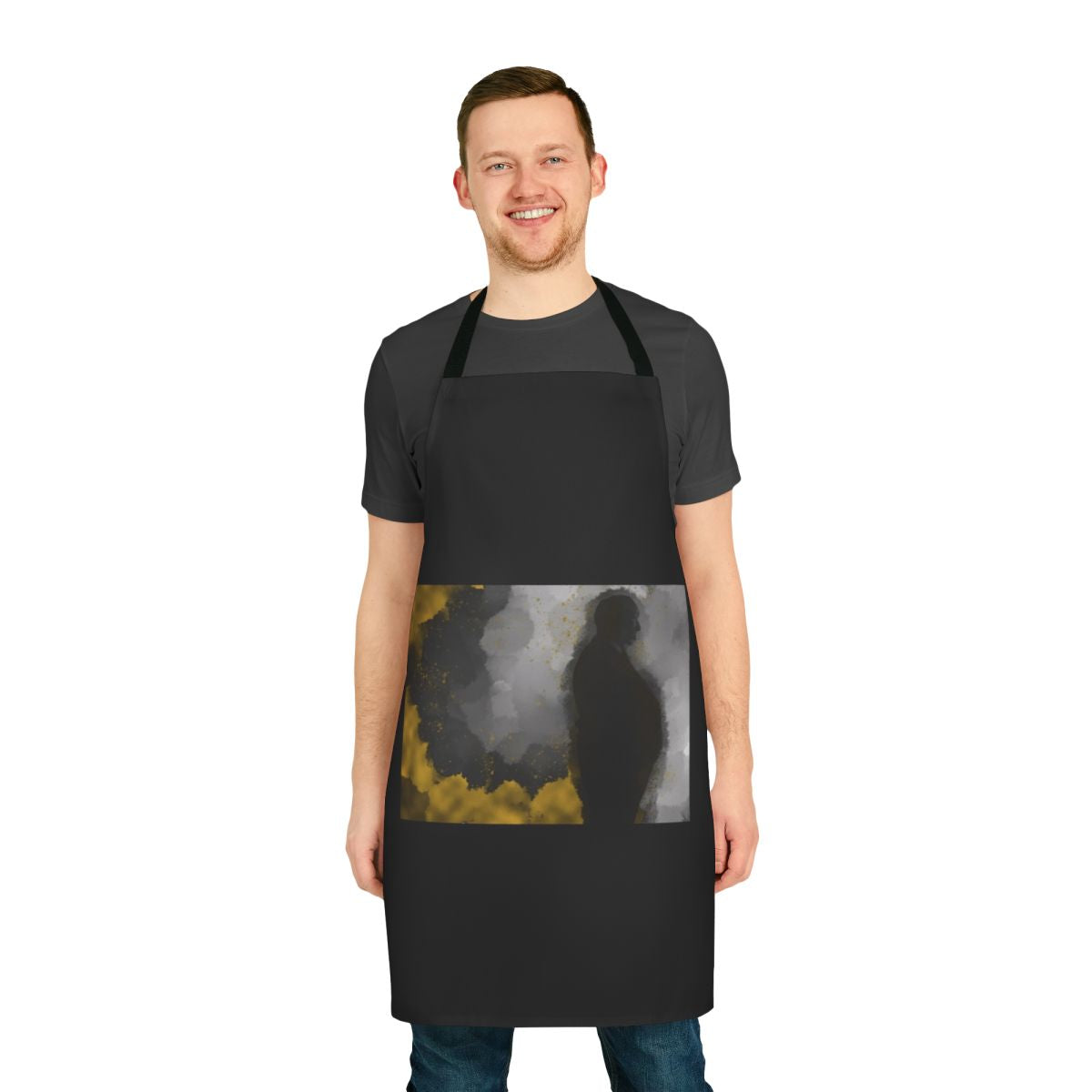 Apron featuring a silhouette of Alfred Hitchcock with gold details