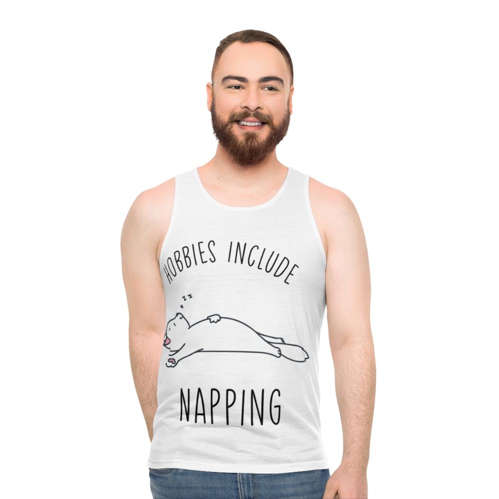 Unisex tank top with "Hobbies Include Napping" design