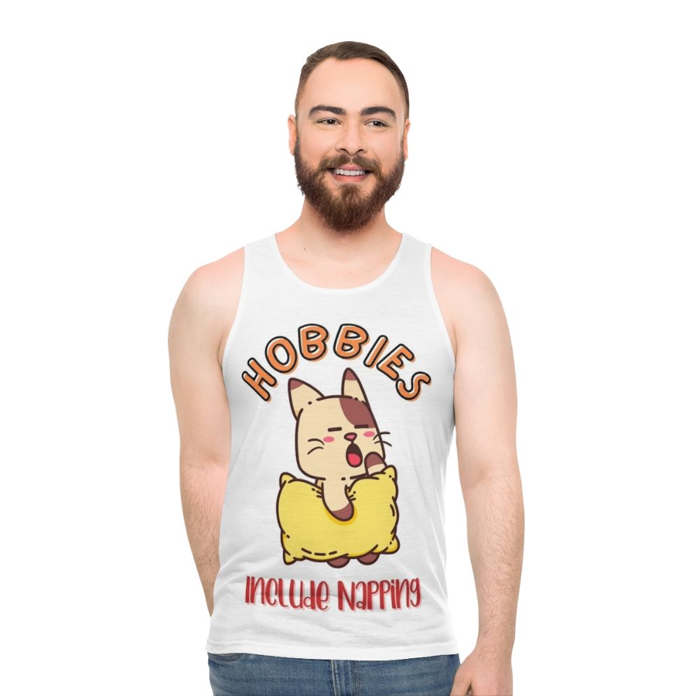 Unisex tank top with "Hobbies Include Napping" design